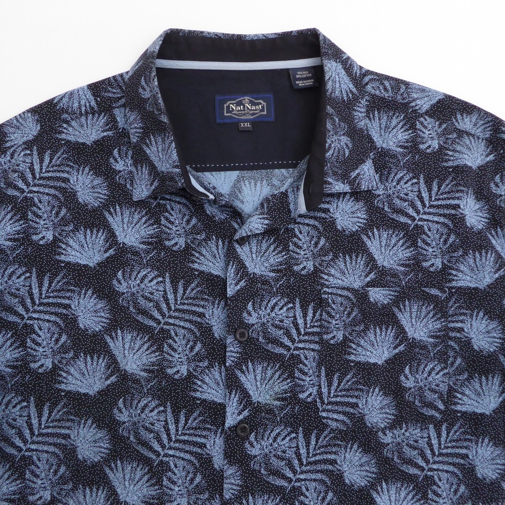 Nat Nast Mens Button Up Hawaiian Shirt Navy Blue Silk Cotton Floral Leaf XXL